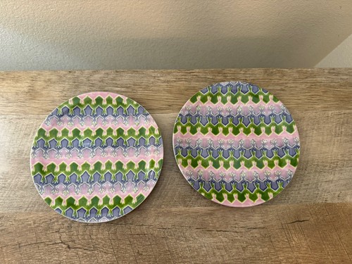 Anthropologie Canapé Plates Set Of 2 Pink Purple Green Appetizer Dessert 6.75” - Picture 2 of 9