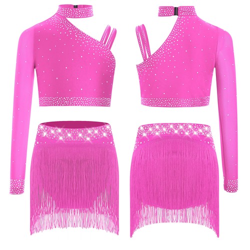 Kids Girls Costume Long Sleeve Dress Practice Outfits Crop Top Dancewear Shiny - Picture 19 of 68
