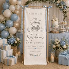 Personalized Baby Shower Welcome Banner Linen Backdrop, Hello Baby Nursery Decor