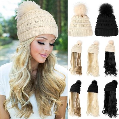Solid Knit Beanie Hat Attached Long Wavy Wig with Side Bang Synthetic Wig for