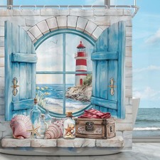 Riyidecor Beach Lighthouse Ocean Sea Shower Curtain for Bathroom Decor 72Wx72...
