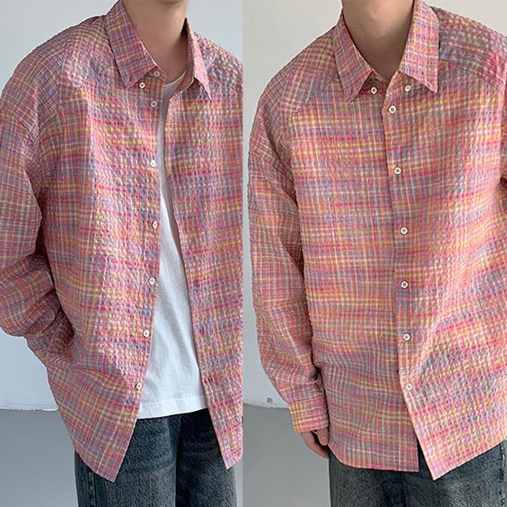 Camisa clásica de manga larga con escote de solapa para hombre en estampado rosa a cuadros