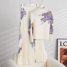 Spring Womens Long Midi Skirt New Ruffle Sleeve Tee Pleated Skirt Two Piece Sets