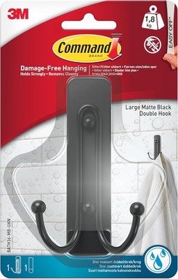 Command Großer Doppel-Badezimmer-Wandhaken, mattschwarz, 1 Haken und 1 