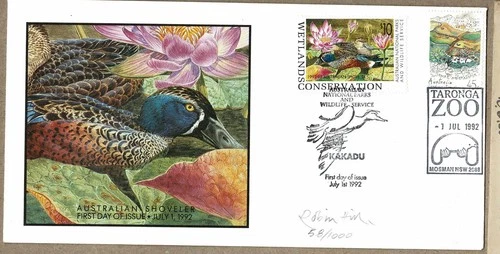 Australia 1992 $10 Shovler Duck Stamp FDC twin postmarks Kakadu & Taronga Zoo