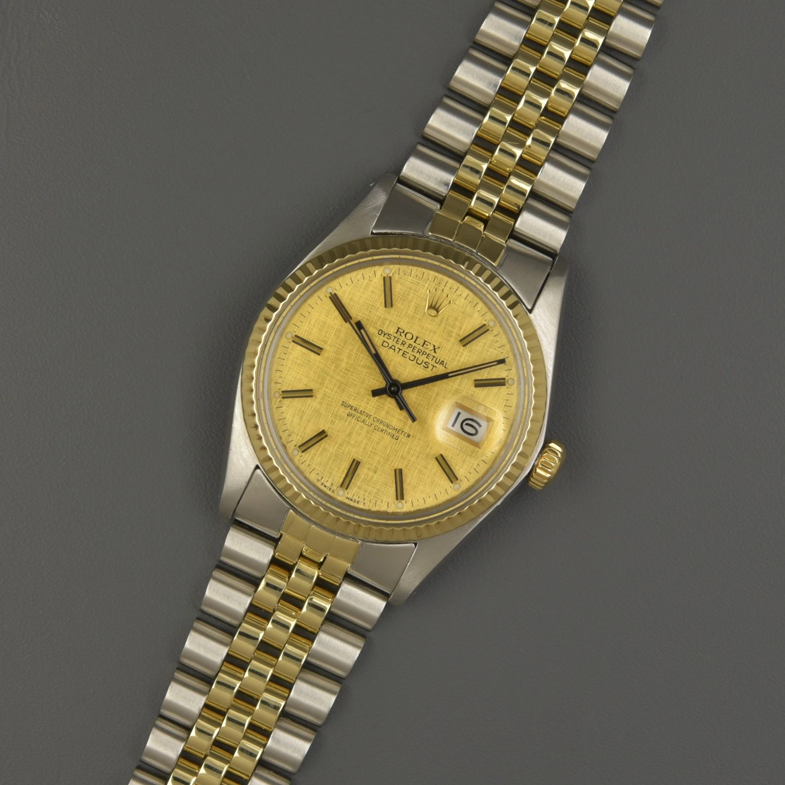 Rolex — Rolex Datejust 16013 Linen Dial Vintage 36mm Jubilee Steel Gold 1978 Perspex