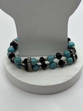 Faux Turquoise With Glass Black Beads And Rhinestones Stretch Bracelet
