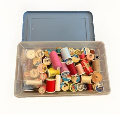 Lot Vintage Spools Sewing Thread Mixed sizes Brands, Vintage Rubbermaid Case