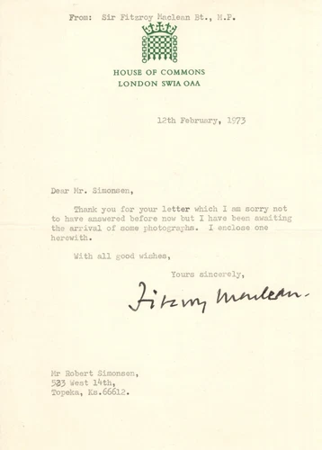 WW2 founding SAS veteran & covert ops hero Fitzroy Maclean signed letter