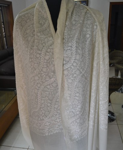 WEDDING WHITE LUXURY KASHMIRI CREWEL EMBROIDERED PASHMINA 100% CASHMERE STOLE D4 - Picture 4 of 7