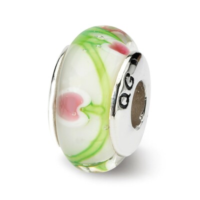 White Pink & Green Hand Blown Glass Bead .925 Sterling Silver Reflection Beads