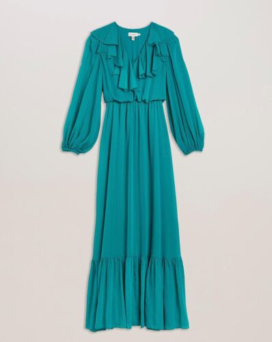 Ted Baker Womens Green Keina Ruffles Long Sleeve Maxi Dress Sz UK10 - Foto 3 di 16