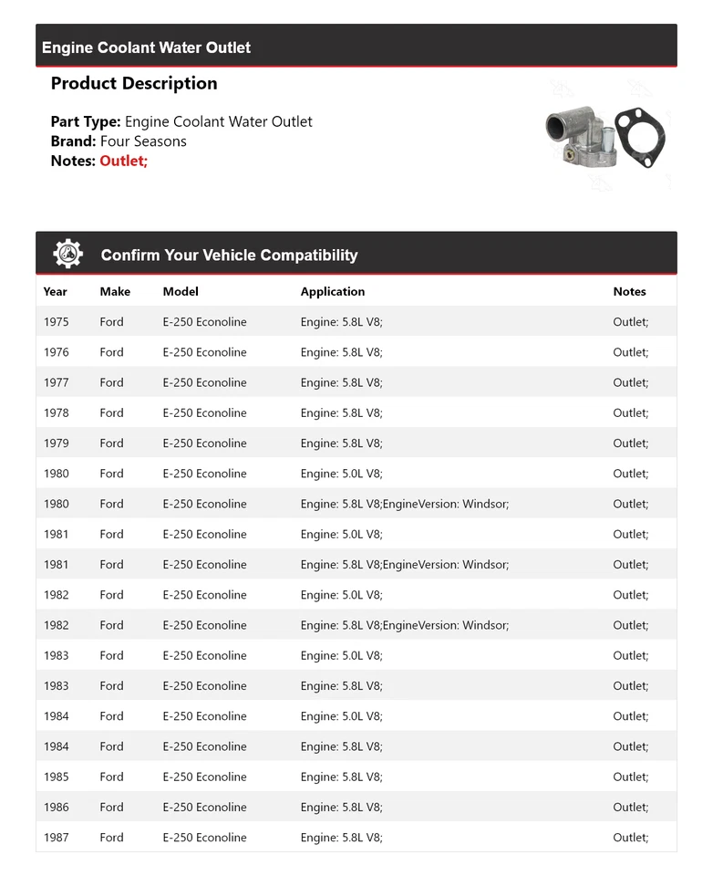 Salida de agua refrigerante motor Econoline para Ford E-250 1975-1987 4 estaciones 1976 Foto 2 de 4