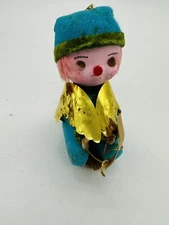 Vintage 1972 Blue Flocked Christmas Gold Foil Winged Angle On Sled Ornament