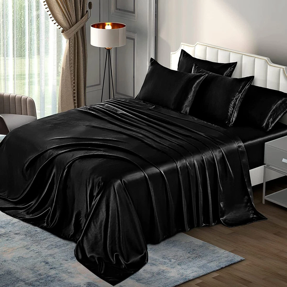 P Pothuiny 6 Piece Queen Satin Sheets Luxury Silky Black Satin Bedding Sheet Set