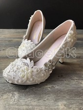 Lace white ivory crystal Wedding shoes Bridal flats low high heel pump size 5-12
