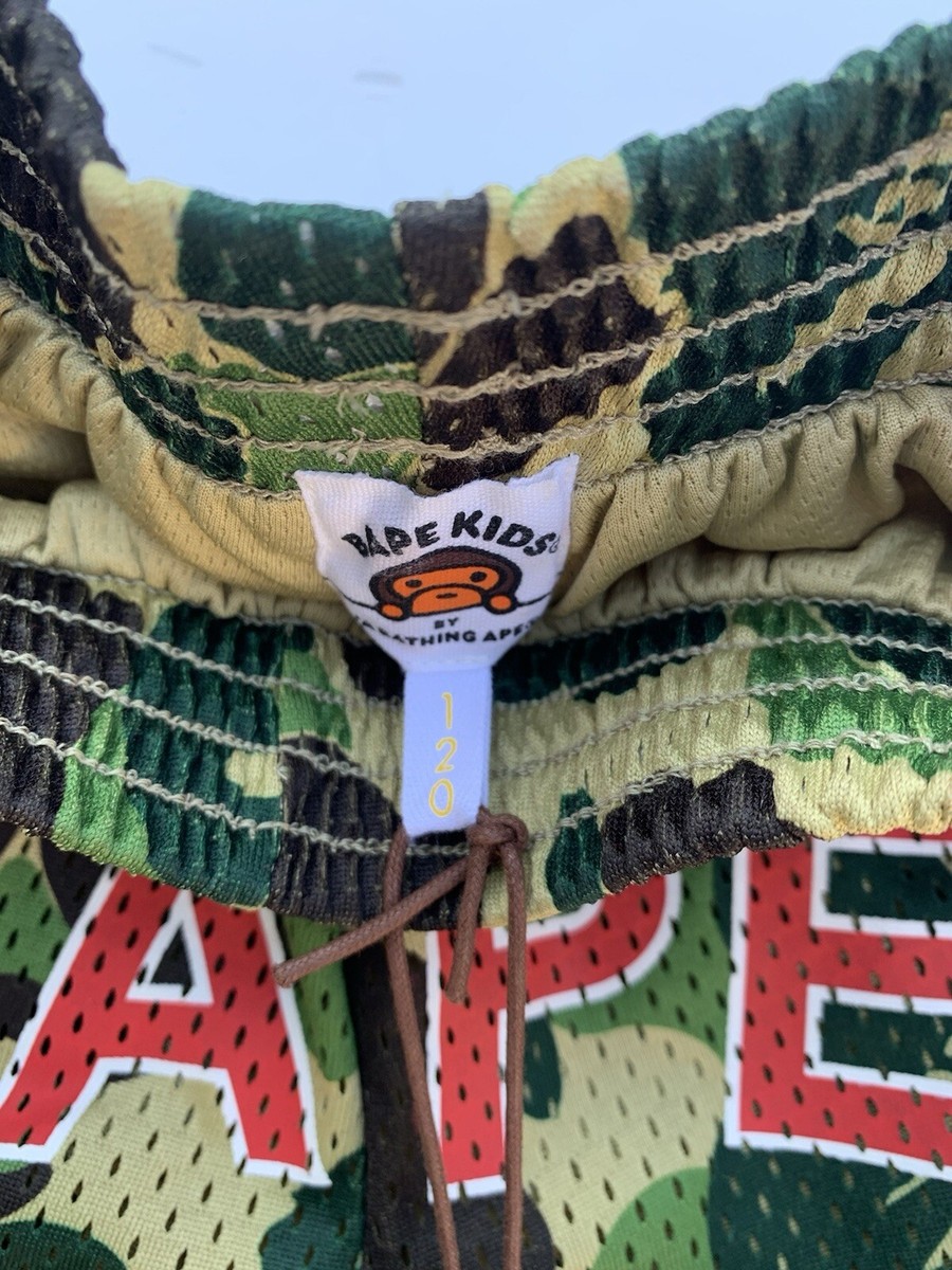 コ*ジ様 A・BATHING APE バスケットボール 緑 カモ柄ゲームシャツ A BATHING APE Kids Basketball Short Green CAMO Pattern BAPE LOGO