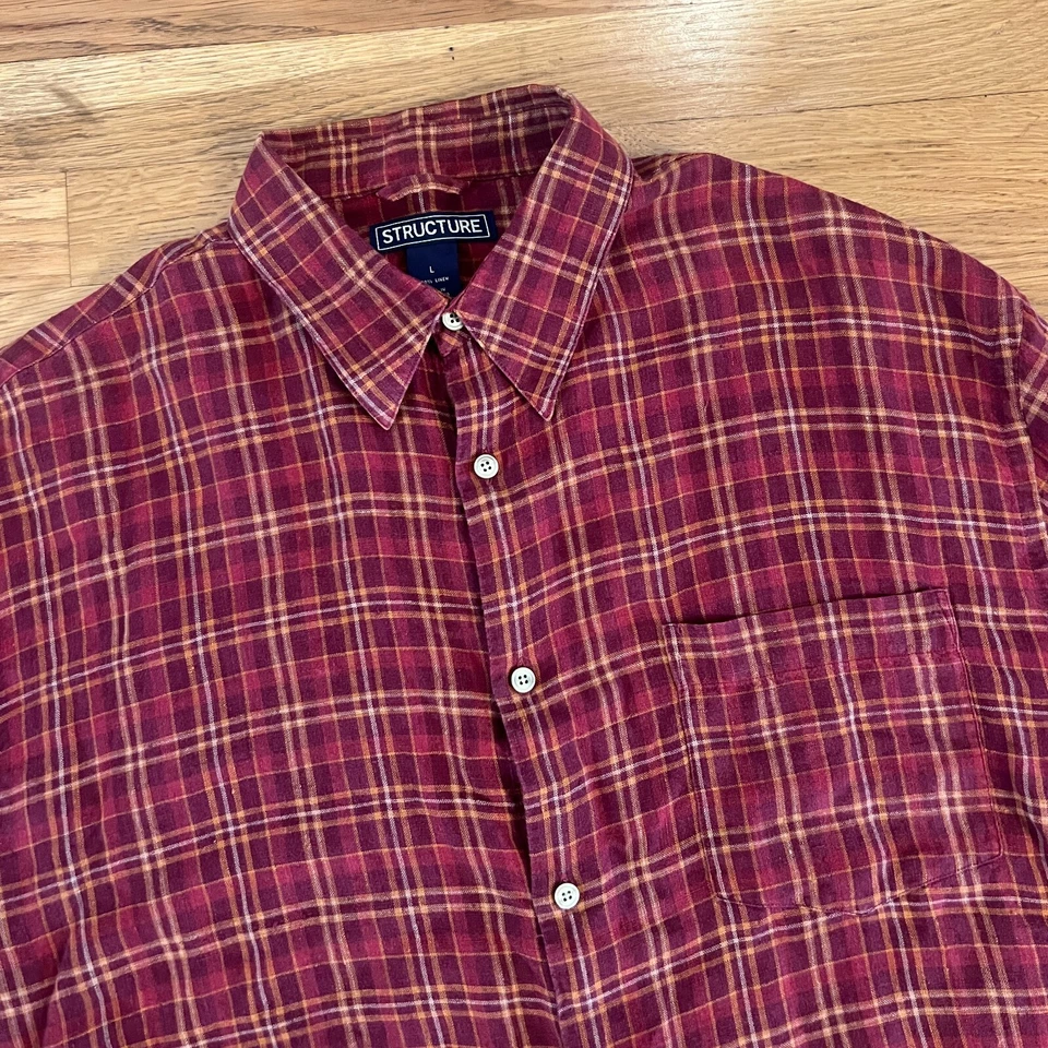 Vintage 80s/90s Structure 100% Linen Red Plaid Flannel Button-Up Shirt - Men's L - Image 3 of 4