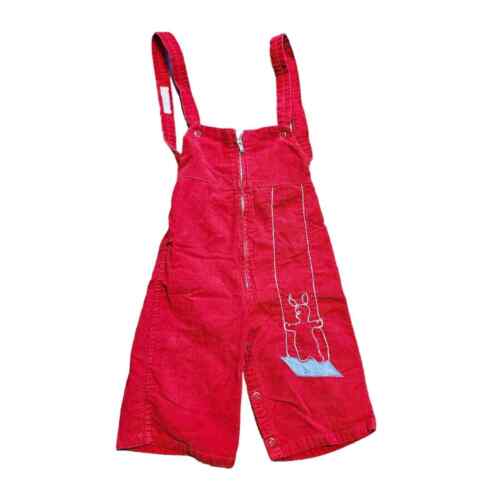 Vtg Honeysuckle Baby Corduroy Overalls Size 12 Months Red Piglet On Swing - Picture 1 of 8