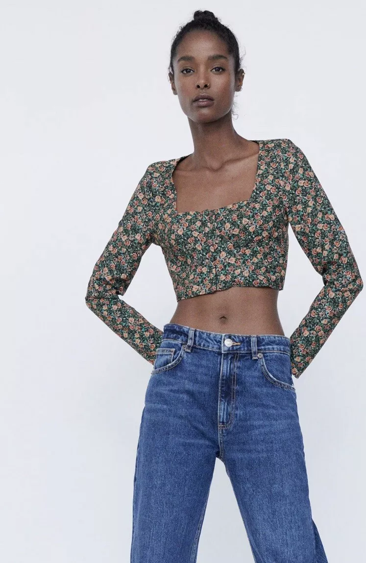 Zara NWT Floral Bustier Long Sleeve Crop Top Small Vintage 80's