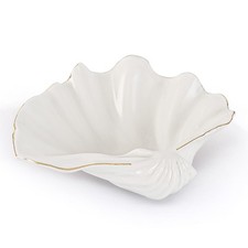 White Shell Decorative Bowl – 11" Clam Shell with Gold Rim, Coastal Center