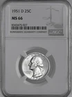 1951-D  25C WASHINGTON SILVER QUARTER  "DENVER"  NGC  MS66  #8343475-027