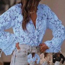 Women's Solid Color Lace Blouse Long Sleeve V Neck Hollow Out Fashion Top