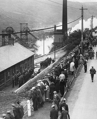 Crowd of strikers outside the heavily guarded mining pit at Nine M- Old Photo