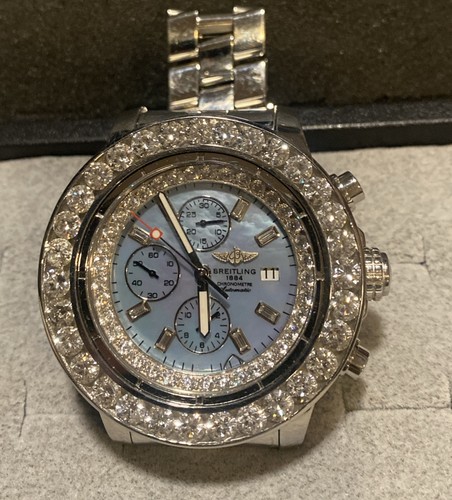 Breitling A13370 Diamond Watch Super Avenger White MOP Diamonds 56mm 13ctw Auto