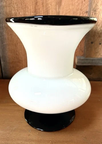 Vintage Venetian Murano Art Glass Vase-White/Black Rim 7.5” Tall