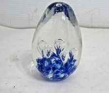 Blue Bubble Egg Shaped Glass Paperweight 2.5"