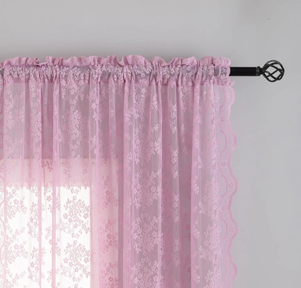Conjunto de 2 cortinas de renda transparente rosa claro recortado 54"L x 72" L novo em folha - Imagem 4 de 4