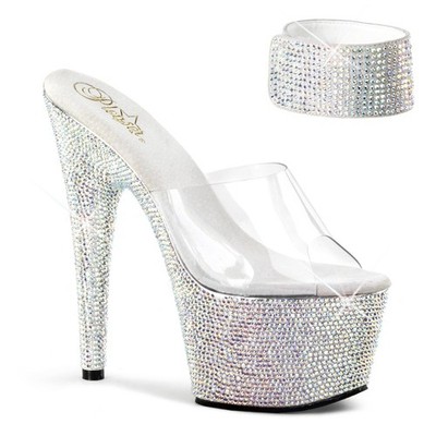 Pleaser 7 Inch Heel Rhinestone Platform Mules Shoes With Ankle Cuff Bejeweled