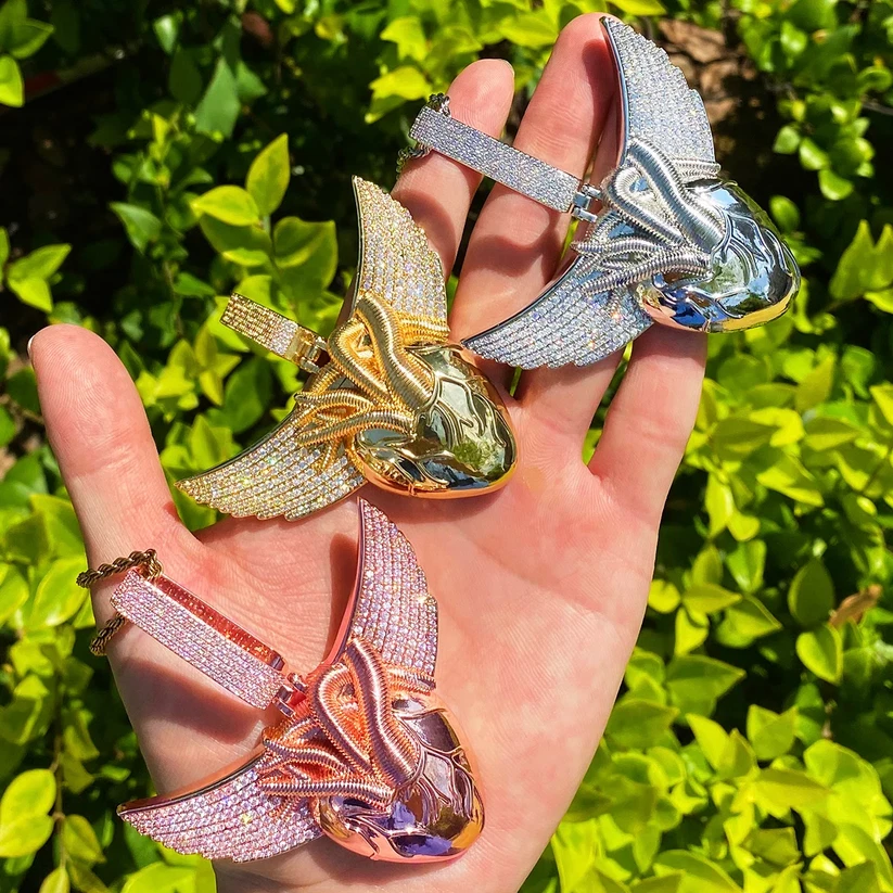 Colar Pingente 5AAA+ CZ Ice Out Hop Hip Bling HEART WING Banhado a Ouro 14k Real - Imagem 2 de 4