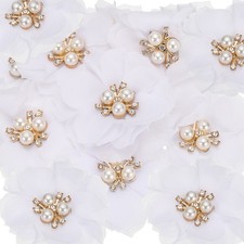 2.36 Inch Rhinestone Chiffon Flower, 15 Pcs Fabric Appliques, White