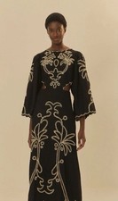 Farm Rio Black Embroidered Midi Dress Cutout Waist Boho Floral Size XS NWT