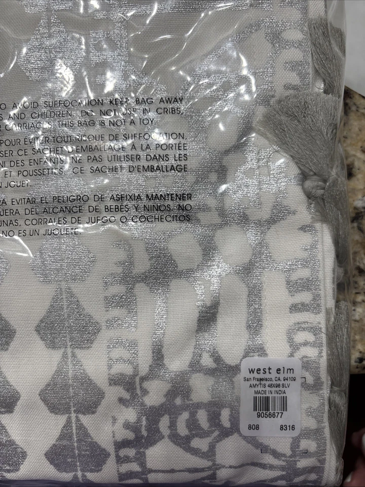 West Elm 48x96 Poste Cortina Bolsillo Amytis Nuevo 100 Algodón Blanco Con Plata Foto 4 de 4