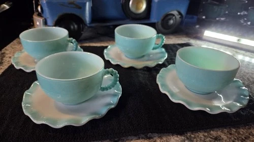 Vintage Hazel Atlas Crinoline Ruffle Coffee/Tea Cup & Saucer  Set Of 4 Aqua/ Tur
