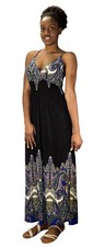 Cinched Waist Sleeveless Paisley Cocktail Vintage Maxi Dress Black Blue Medium
