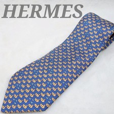 Auth HERMES silk tie all over pattern duck blue gray Good condition light blue