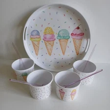 Ice Cream Set 4 Bowls, Tray & Spoons Fun Summer Design Melamine