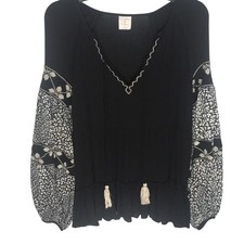 By Together Blouse Womens Large Black Boho Embroidered Balloon Sleeve Tunic