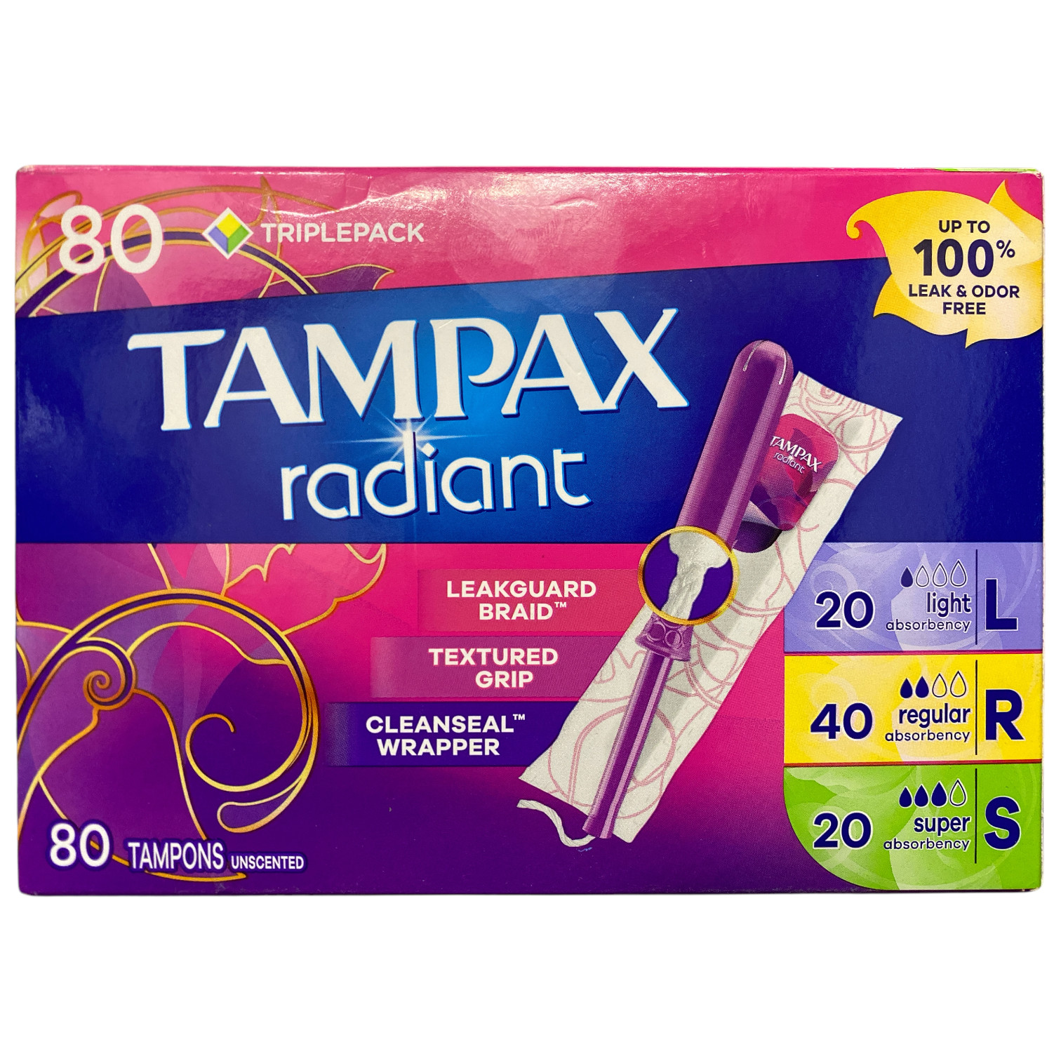Трио тампонов Tampax Radiant, без запаха, 80 карат