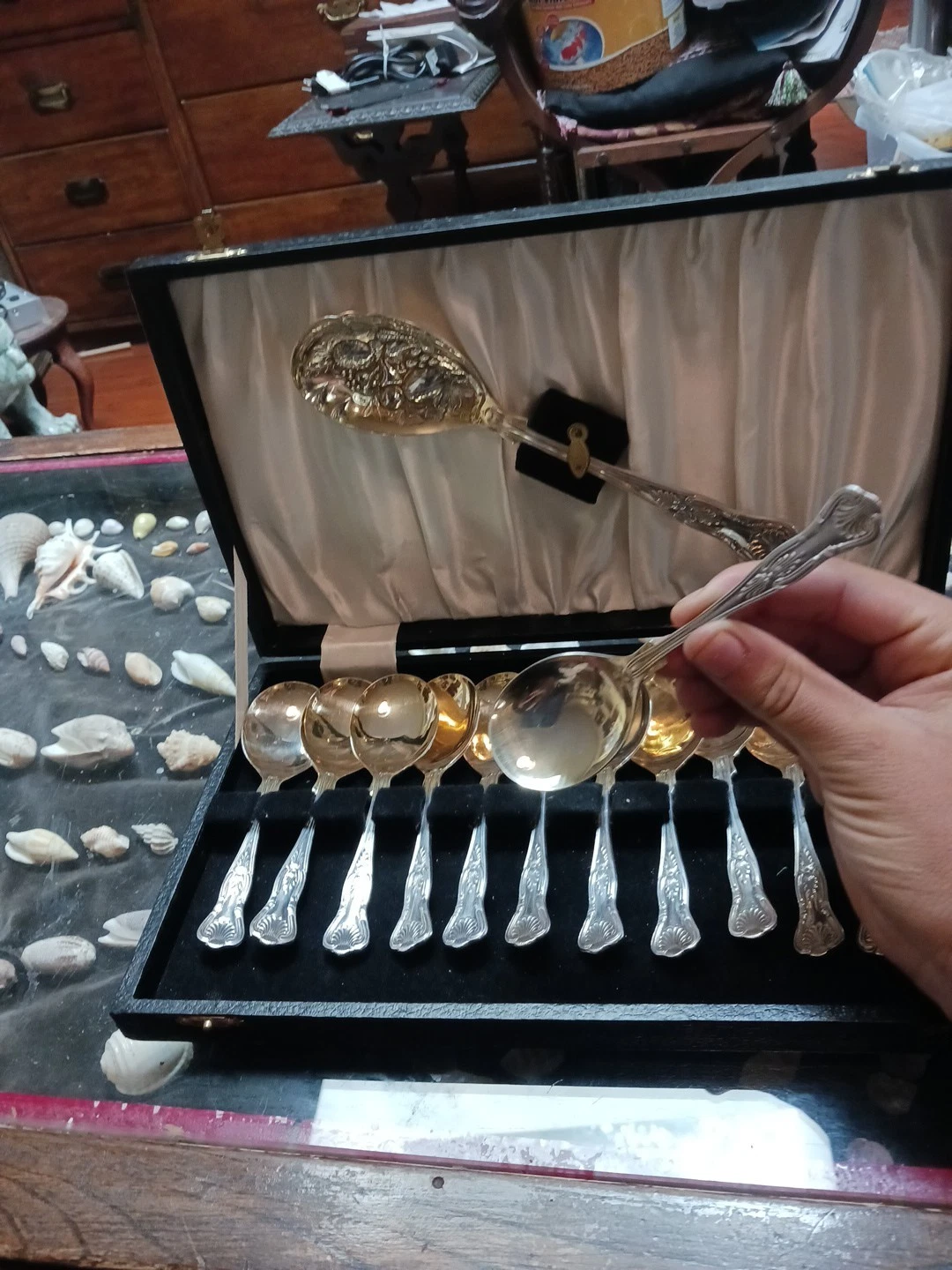 Beautiful Vintage Spoon Set. 12 Small Spoons, 1 Large Spoon.