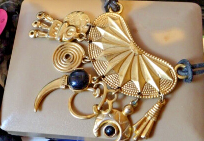 Egyptian Revival Tribal Gold Gilded Shield with Egyptian Charms