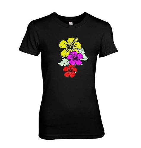 T-shirt con fiori di ibisco e design surf hawaiano. T-shirt donna spiaggia tutte le taglie - Foto 4 di 12