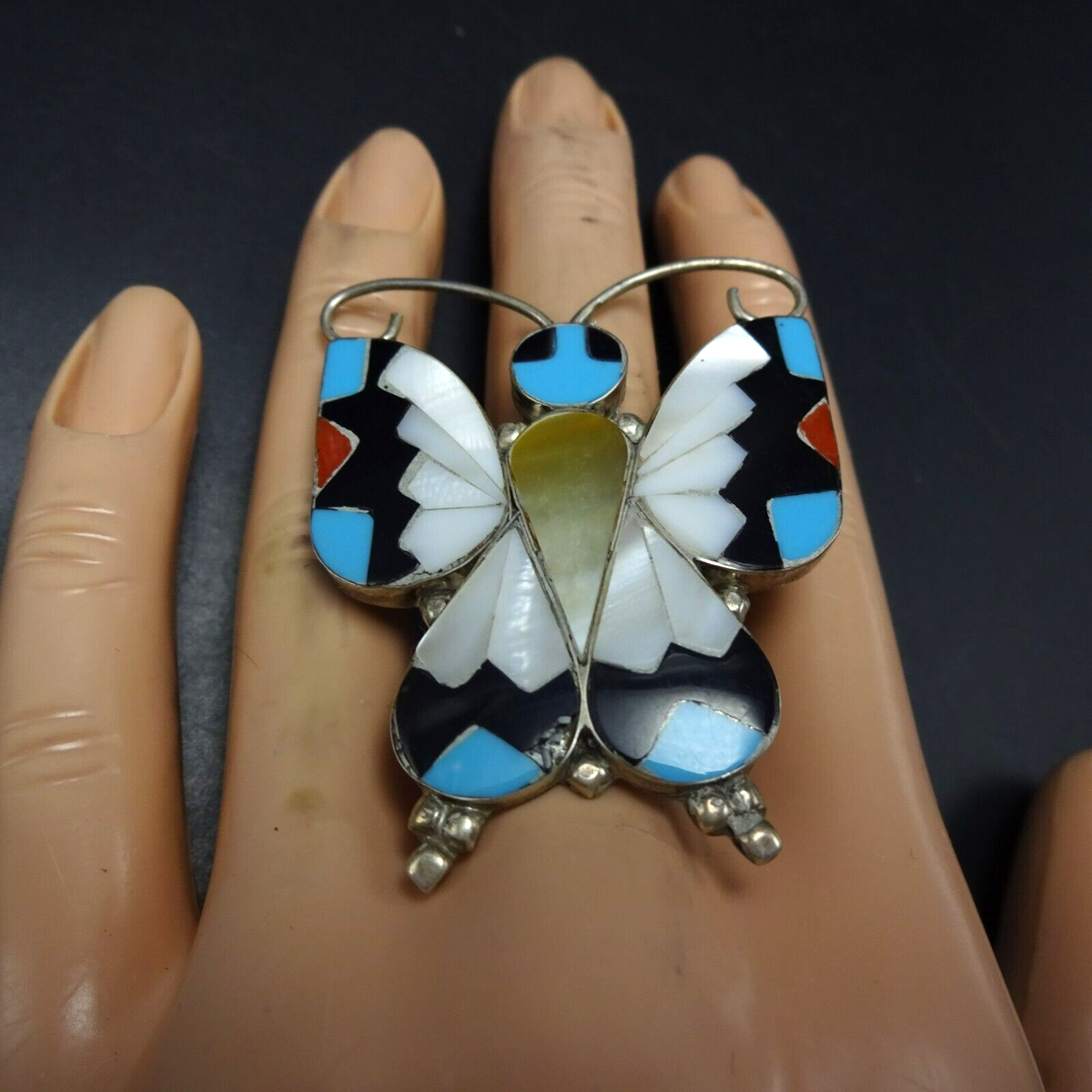 AARON DISHTA Zuni JET TURQUOISE MOP Butterfly INLAY SterlingSilver