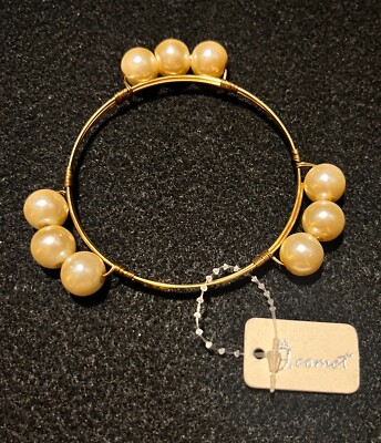 ''g. comet'' Gold Tone Metal Bangle Large Faux White Pearl Bracelet Vintage New