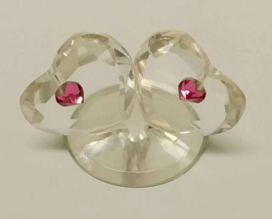 Vintage CFL Clear Crystal Glass 2 Hearts on Mirror Stand Figurine