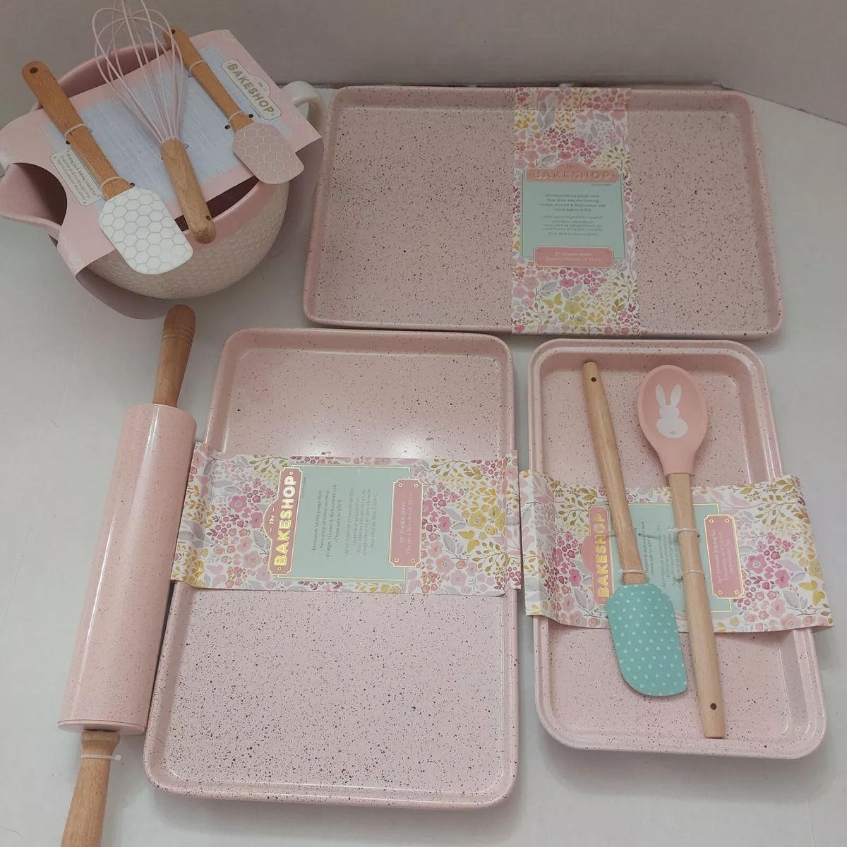 Pink Bakeware Set Cookie Sheets, Brownie Pan, Rolling Pin, Mixing Bowl 